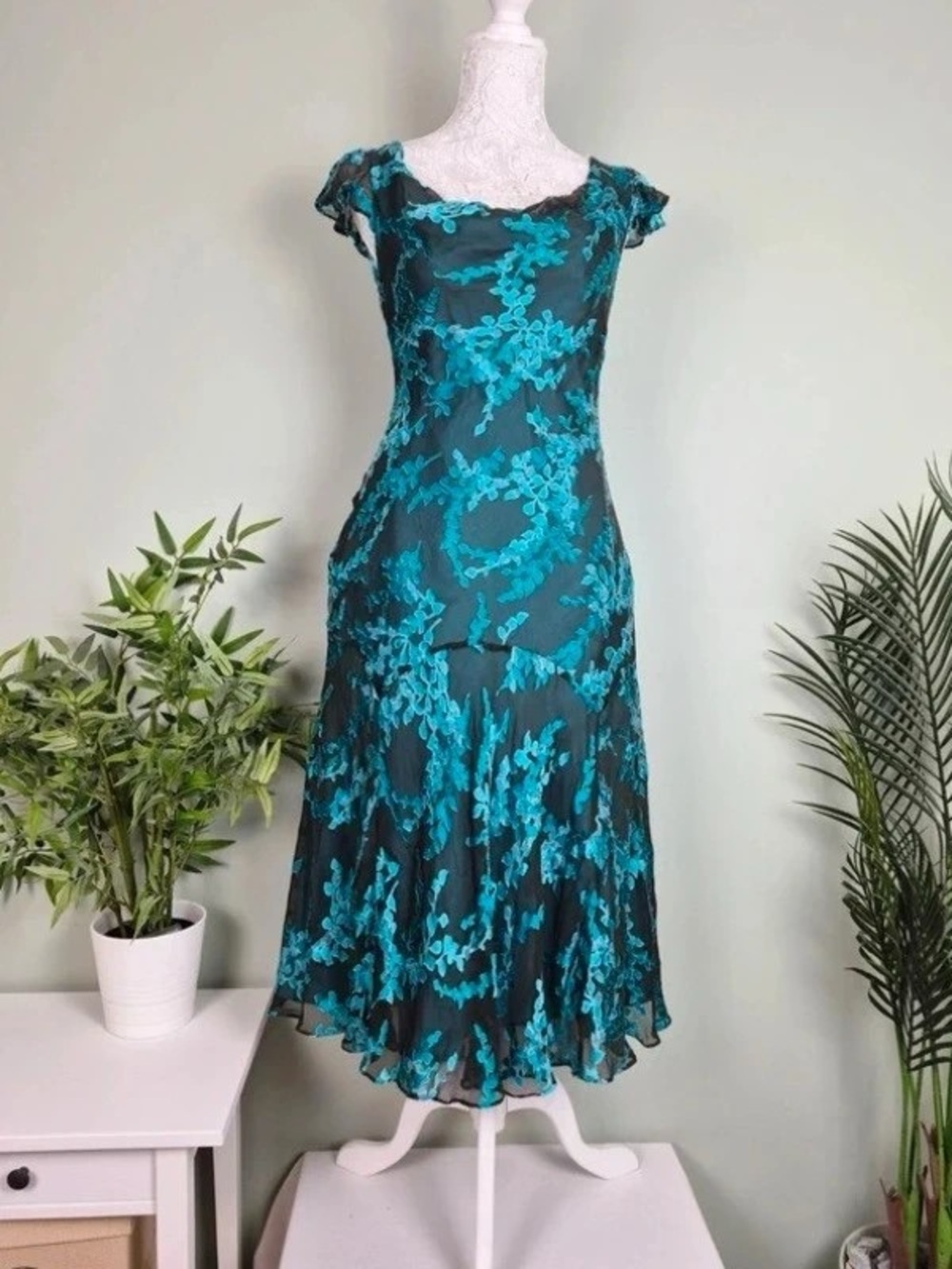 Teal Floral Lace-Overlay Maxi Dress